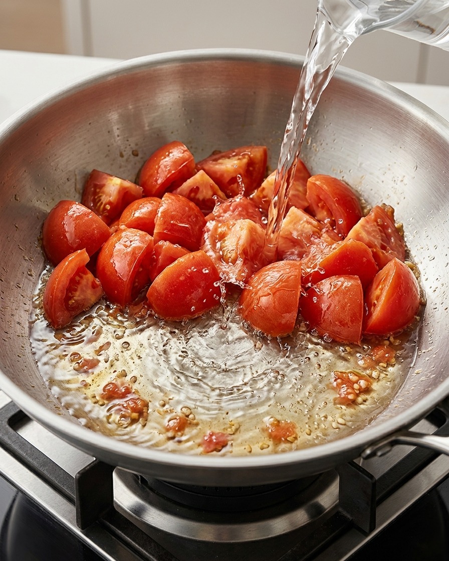 Water being poured into the pan over sautéed tomato chunks.