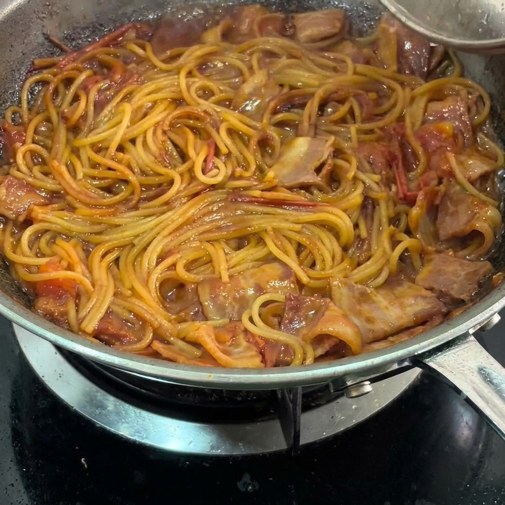 Finished spaghetti with bacon and tomato sauce being stirred in a pan.