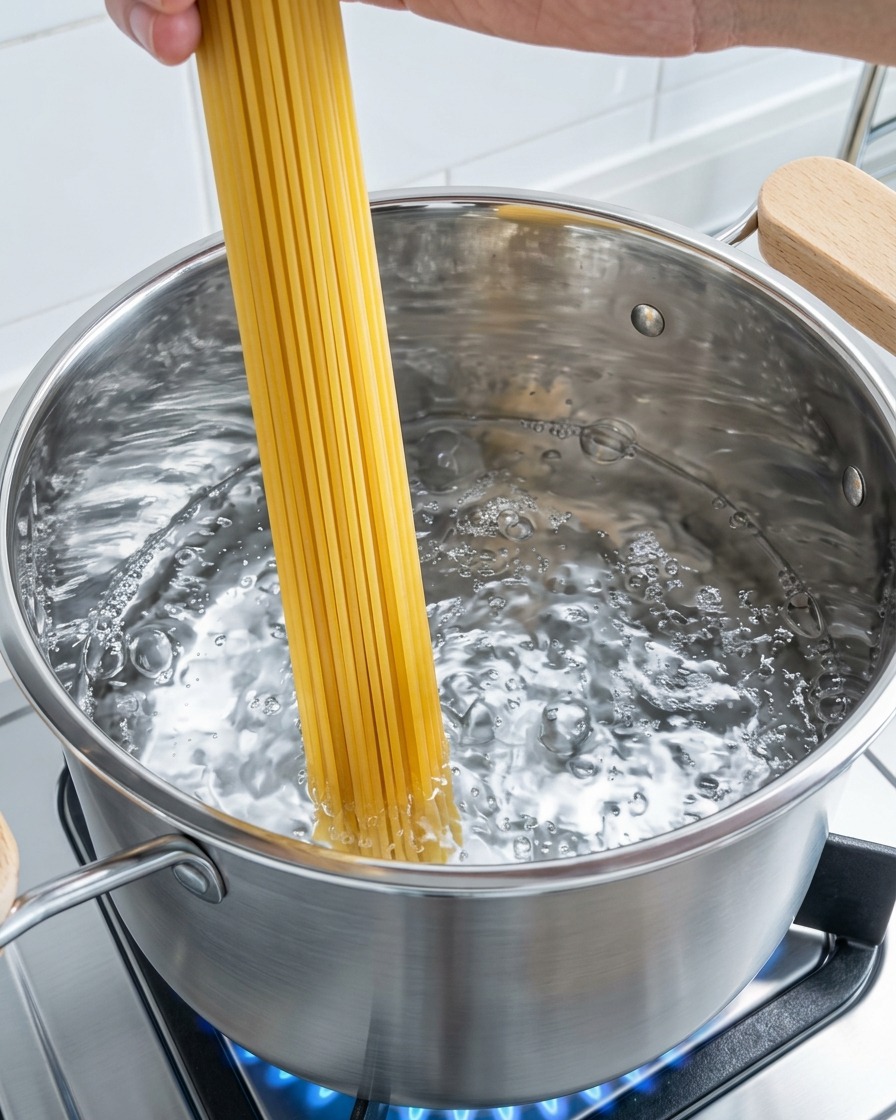Spaghetti noodles cooking in a large pot of boiling water.