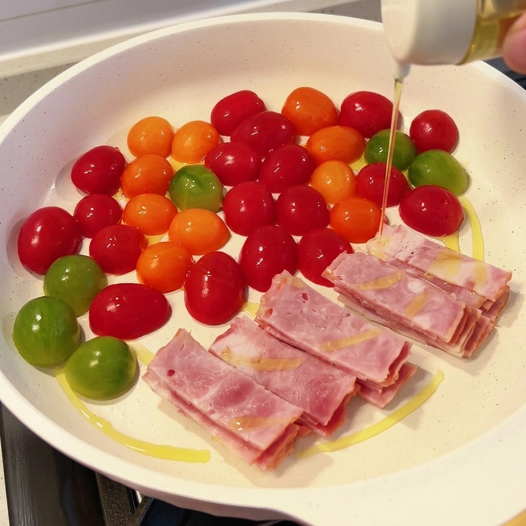 Olive oil being drizzled over tomatoes and bacon in a skillet.