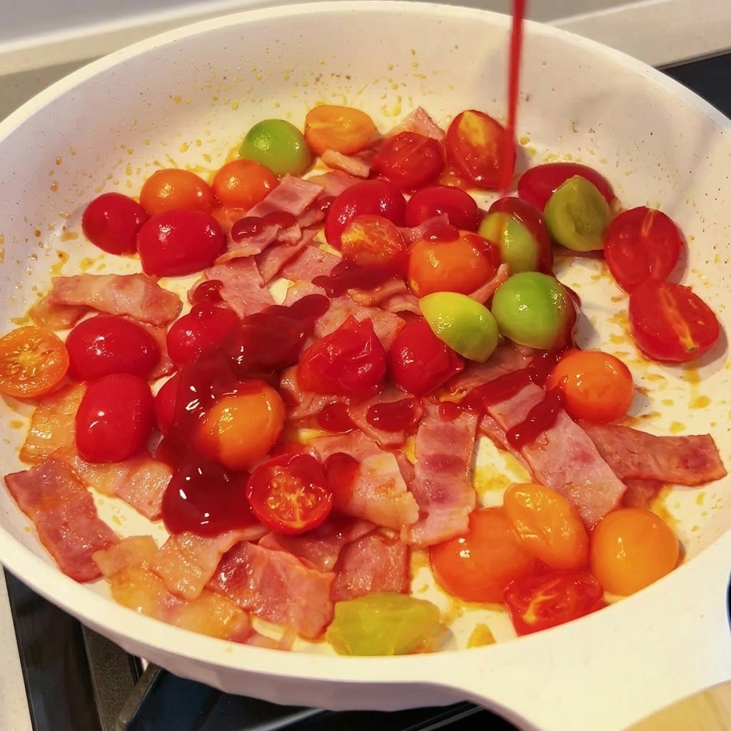 Tomato sauce being squeezed into the skillet with other ingredients.