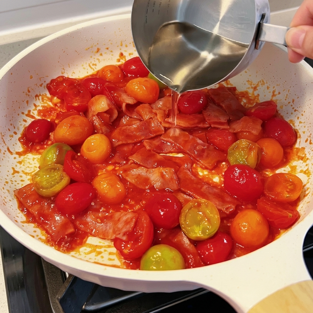 Water being poured into the pan to combine with the sauce ingredients.