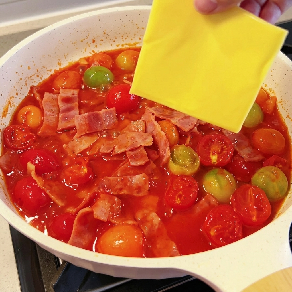 Yellow cheese slice melting into a vibrant red tomato sauce base with crispy bacon bits in a white pan.