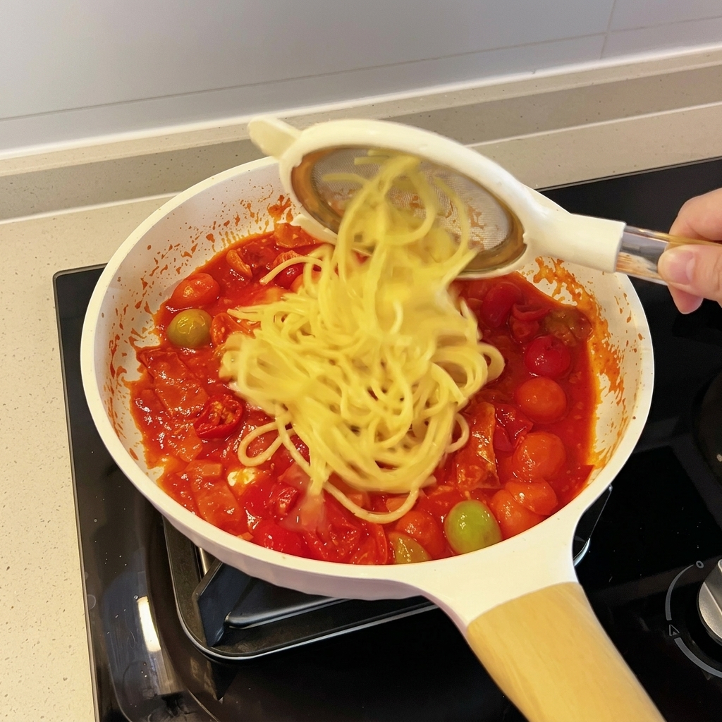 Spaghetti being added into a pan containing a vibrant red tomato sauce with bacon and melted cheese.