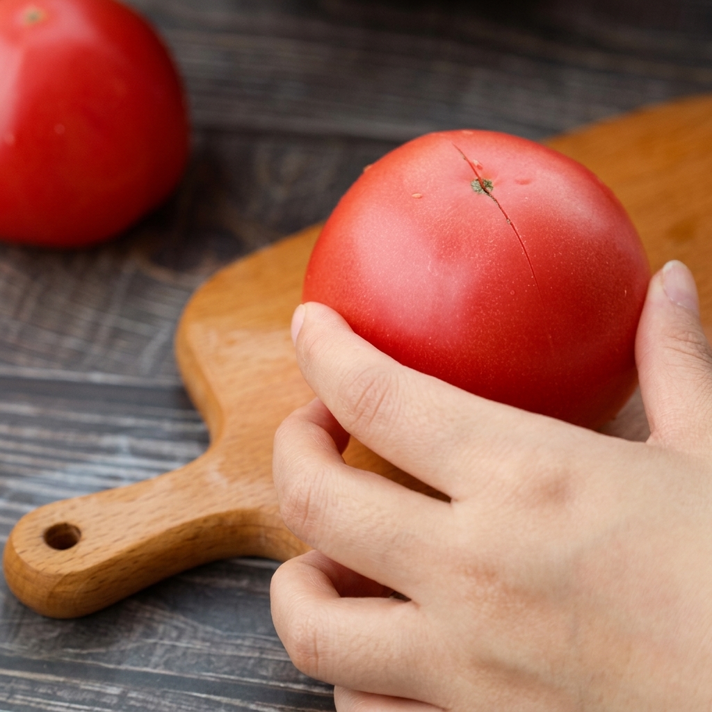 A close-up view of a whole red tomato with a cleanly cut cross marked on its surface.