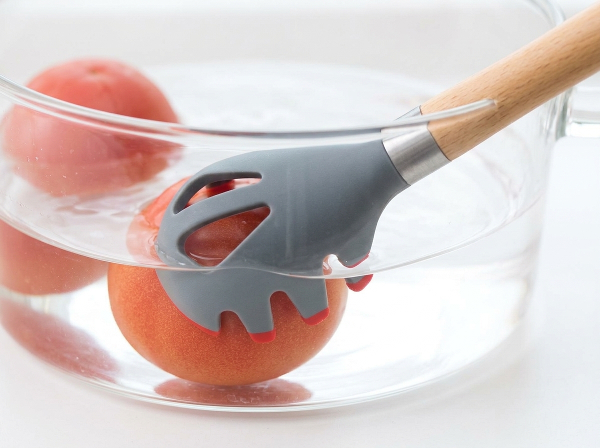 Scored tomatoes being blanched in a glass pot of boiling water using a kitchen tool.