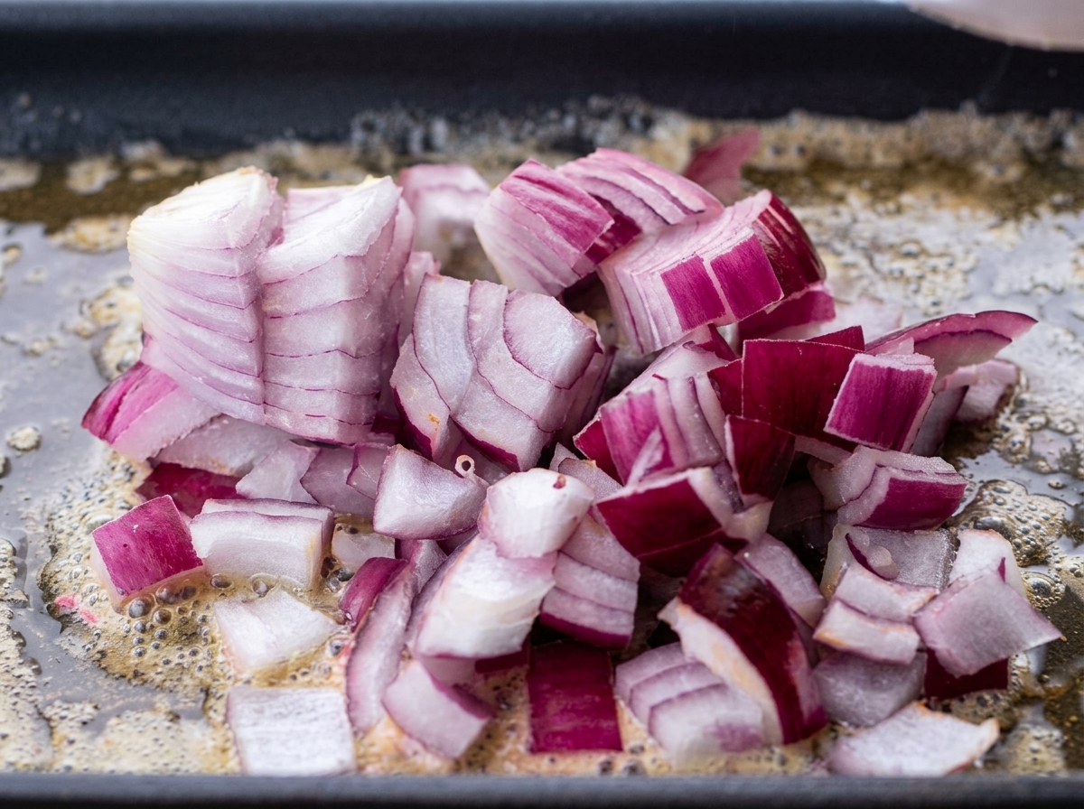 Diced red onions sizzling in melted butter in a pan.