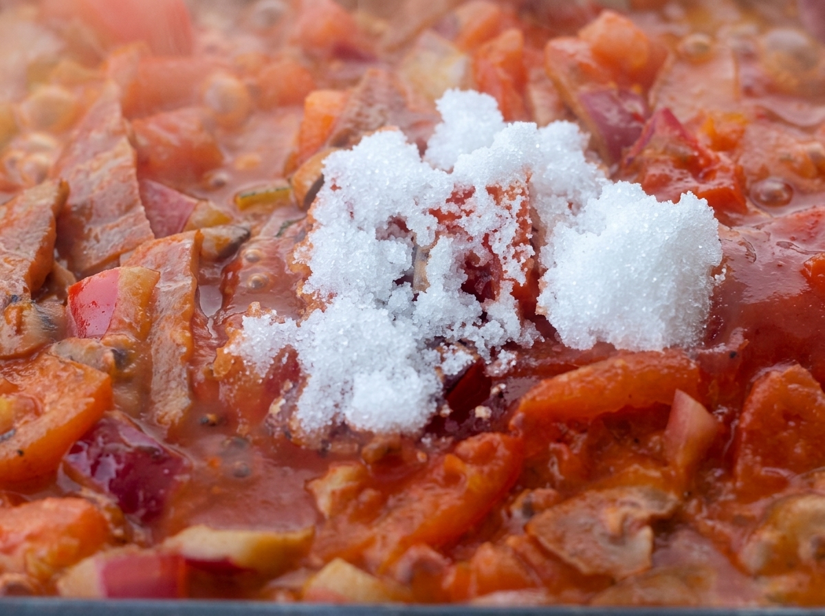 Spoonful of white sugar being added to the simmering tomato sauce.