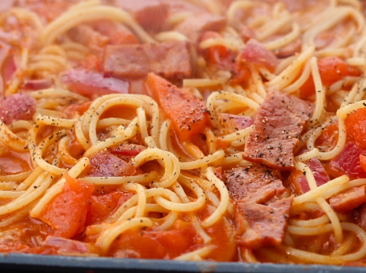 Finished spaghetti being tossed with sauce and black pepper in a pan.