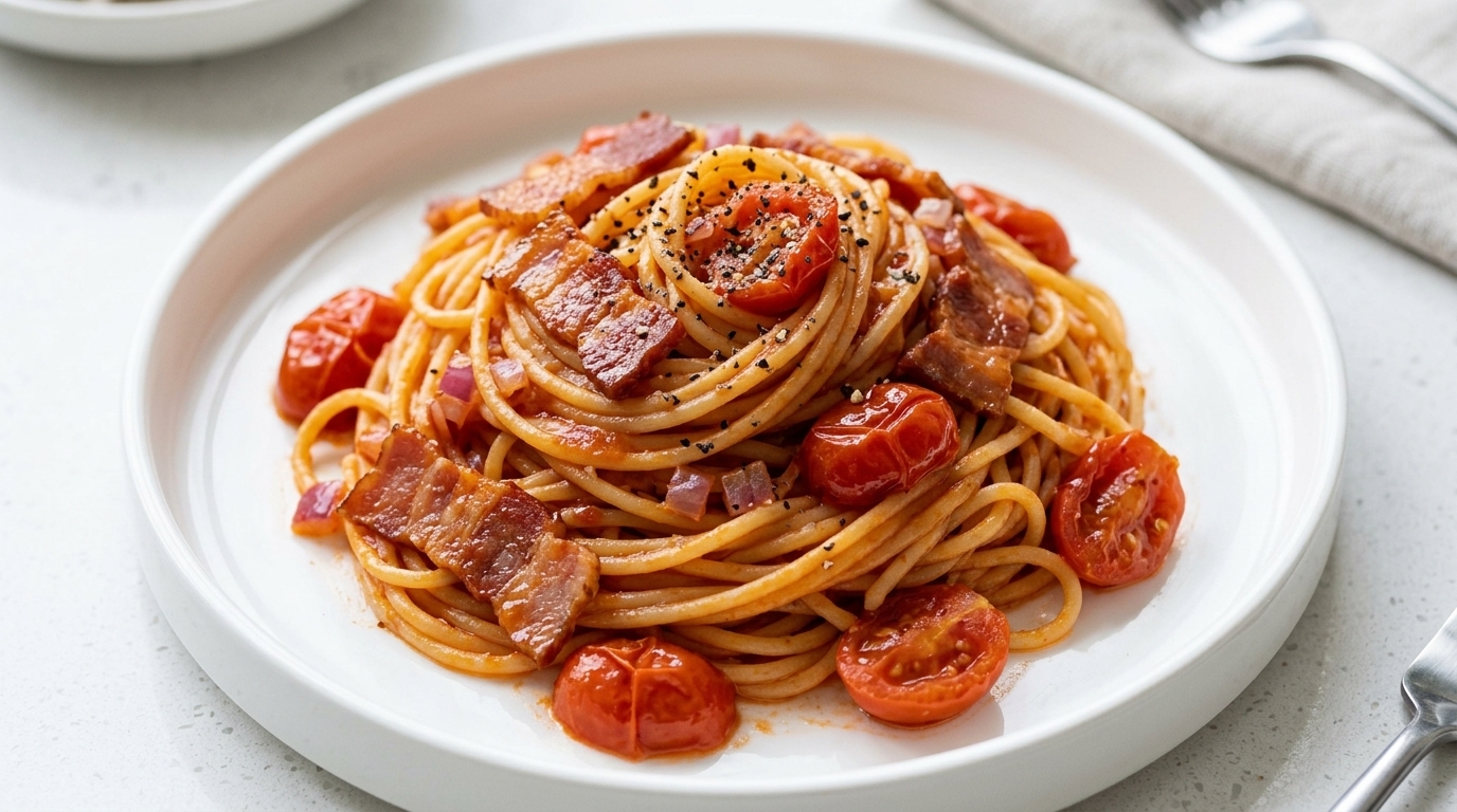 A vibrant plate of tomato bacon spaghetti, perfectly coated in a glossy, savory-sweet sauce.