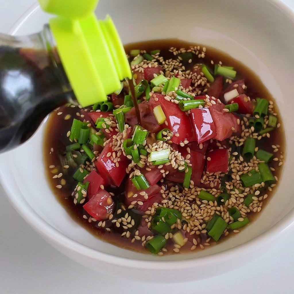 Ponzu sauce being poured into a bowl with tomatoes, green onions, and sesame seeds.