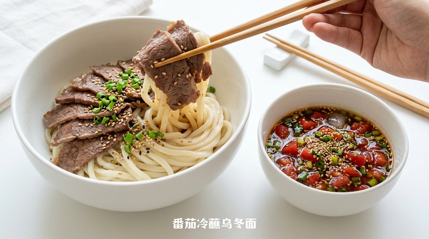 A bowl of chilled udon noodles topped with tender beef and scallions, served with a fresh tomato and ponzu dipping sauce.