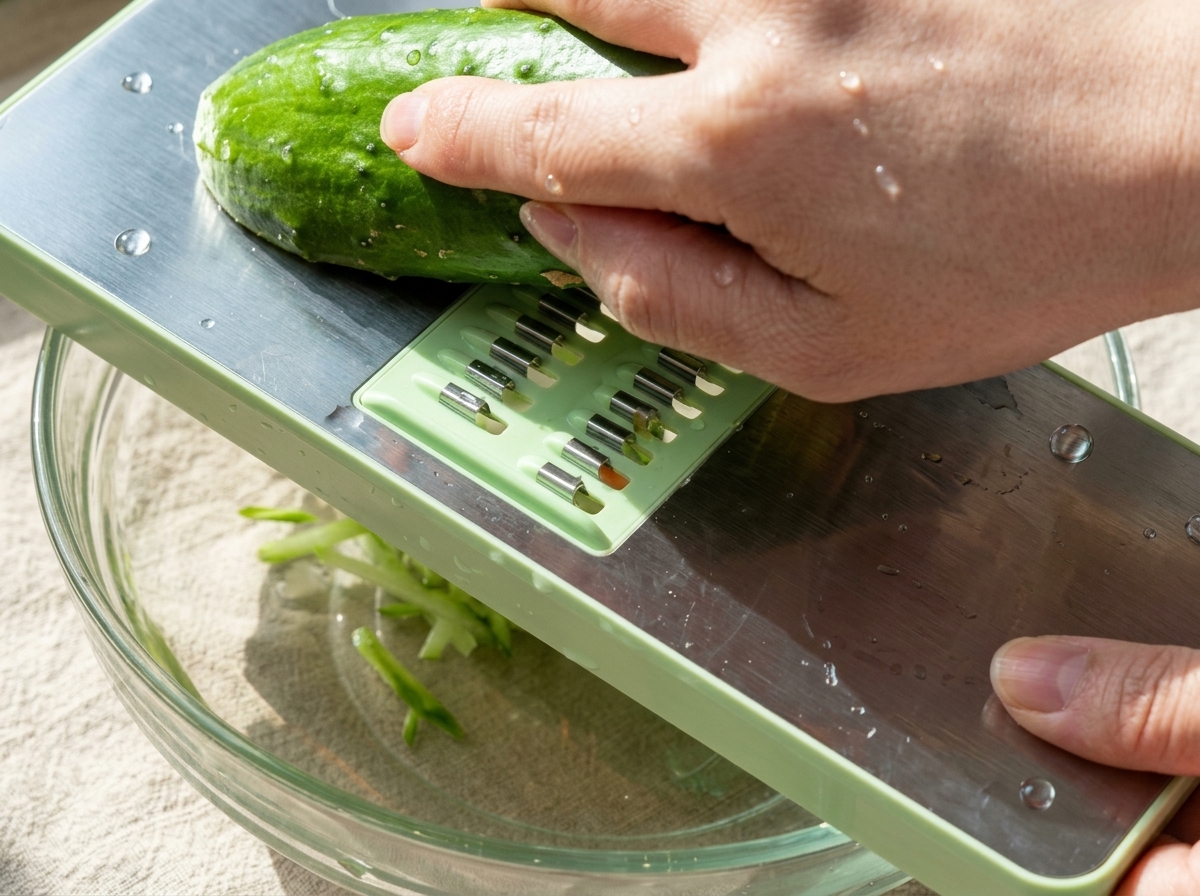A hand using a green mandoline slicer to grate a fresh green cucumber into thin shreds over a clear glass bowl.