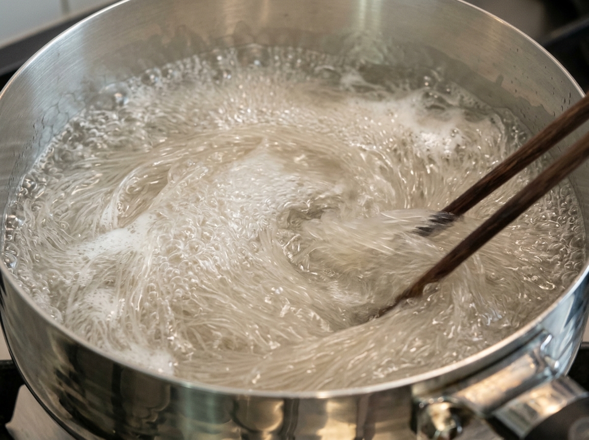 Chopsticks gently stirring thin, translucent noodles in a silver pot of vigorously boiling water.