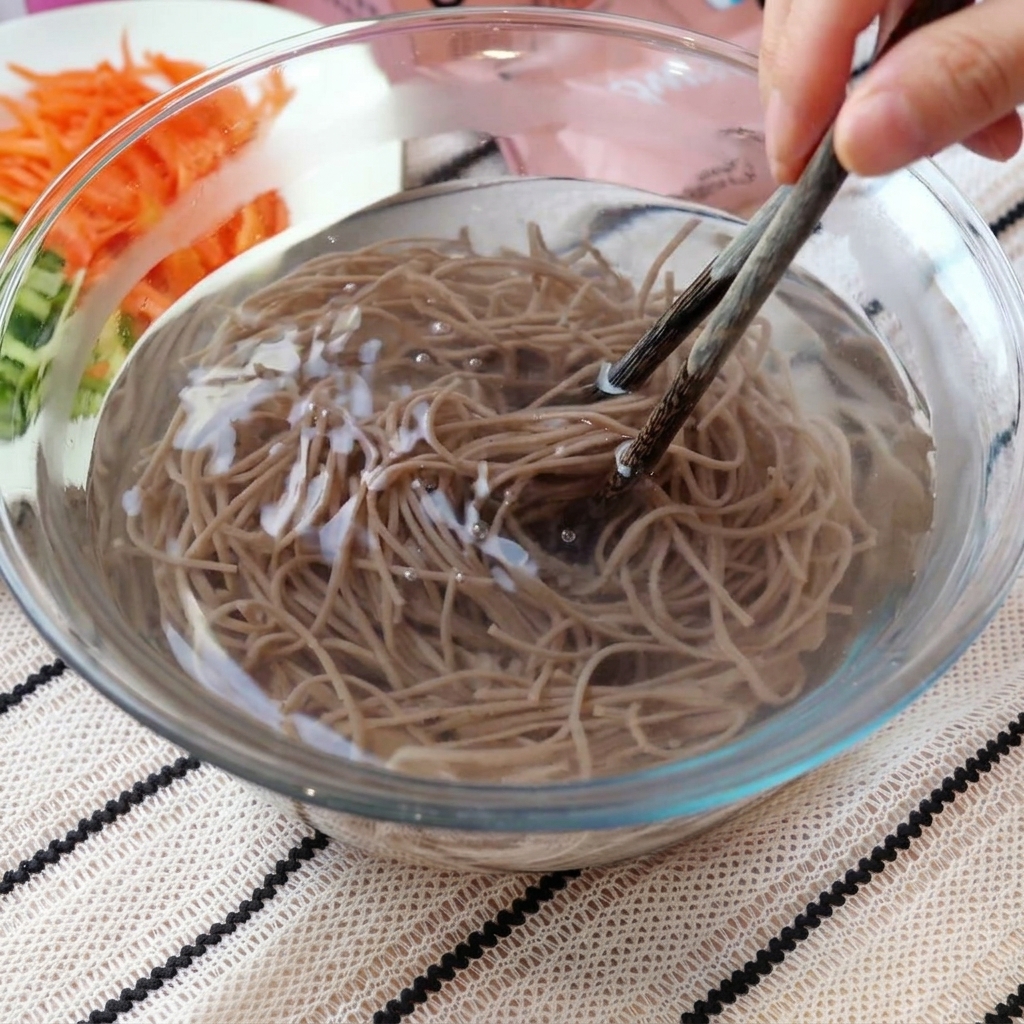 Cooked brown soba noodles being submerged and stirred with chopsticks in a clear glass bowl of cold water.