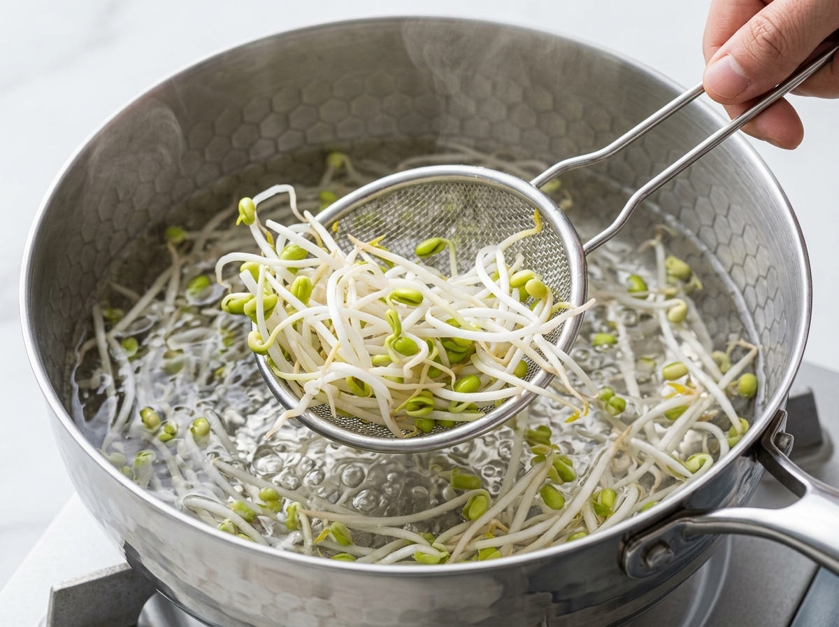 Fresh bean sprouts being lifted from boiling water with a skimmer.