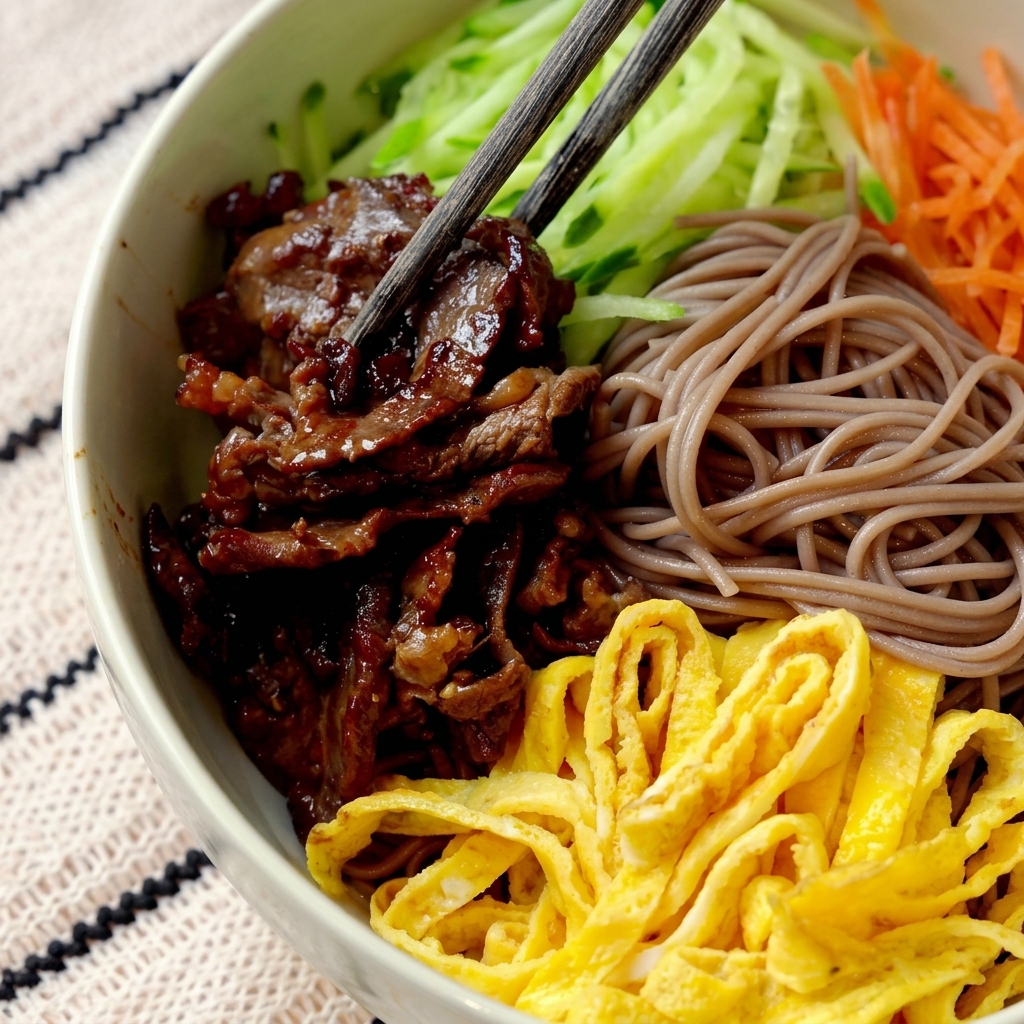 A bowl containing noodles neatly arranged with beef, shredded egg, and various fresh vegetables.
