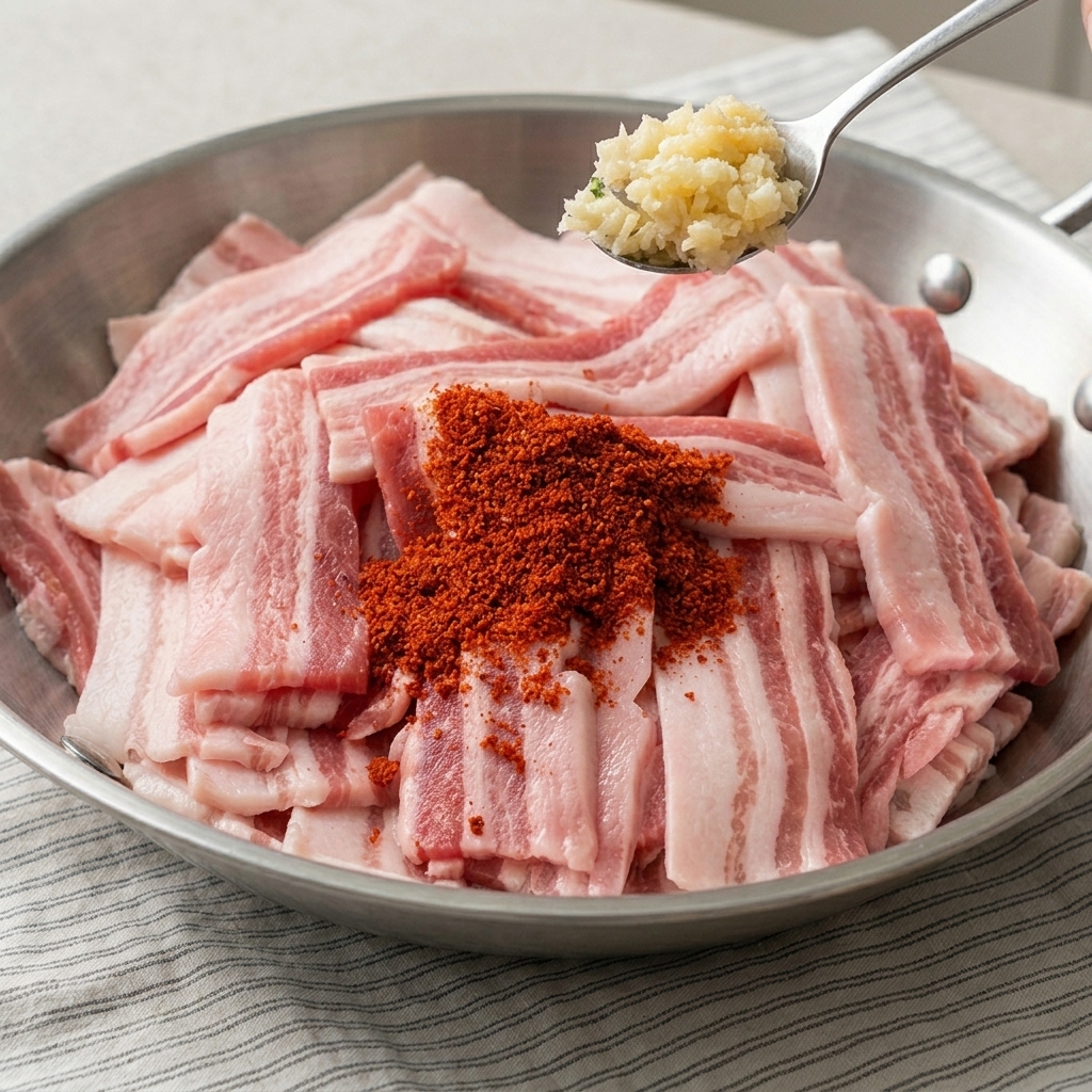 Raw pork belly slices being coated in a rich, spicy red marinade in a stainless steel bowl.