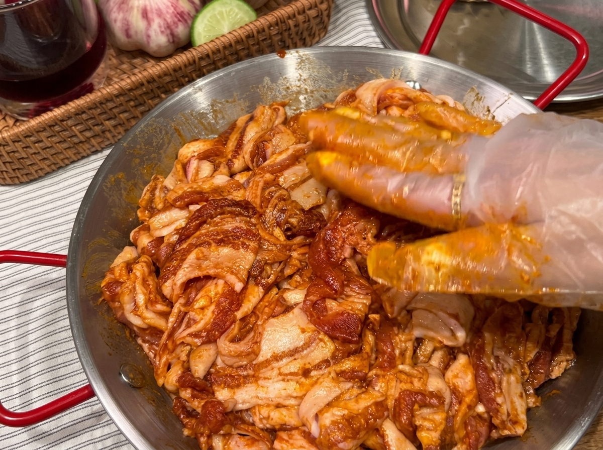 Marinated pork belly slices being placed into a hot pan, starting to sizzle.