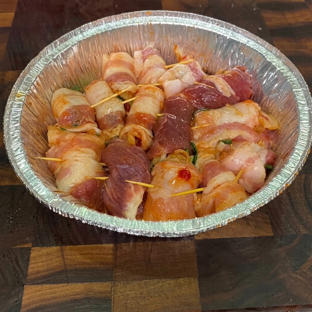 A close-up of raw pork belly rolls wrapped around kimchi in an aluminum foil pan, being sprayed with cooking oil.