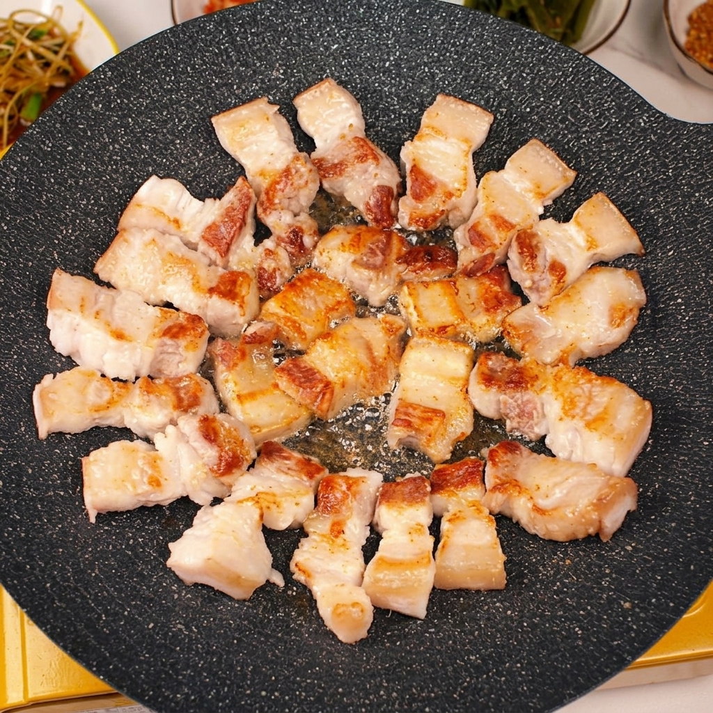 Thin garlic slices frying in rendered pork fat in the middle of a hot griddle.