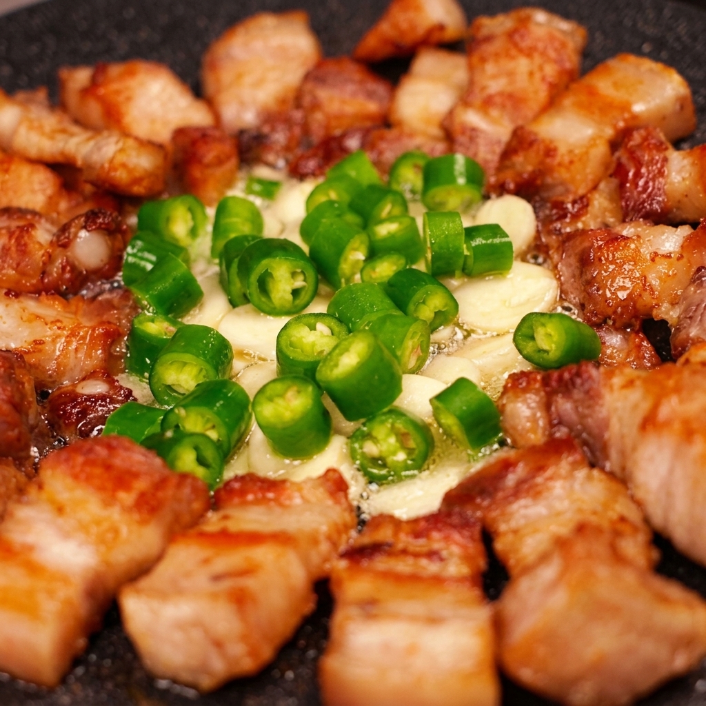 A pile of kimchi and green chili slices cooking in the center of the griddle with browning pork belly surrounding it.