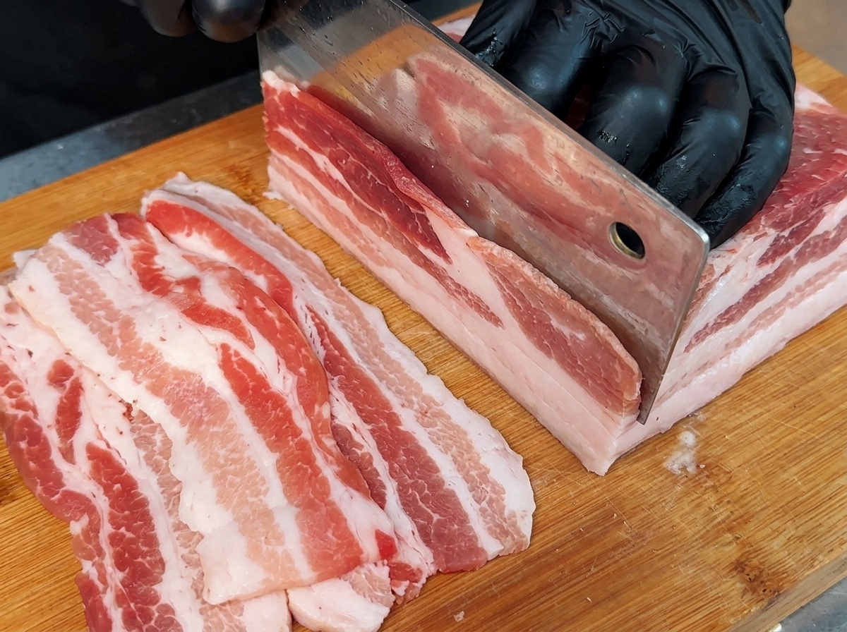 Thin slices of raw pork belly neatly arranged on a wooden cutting board.