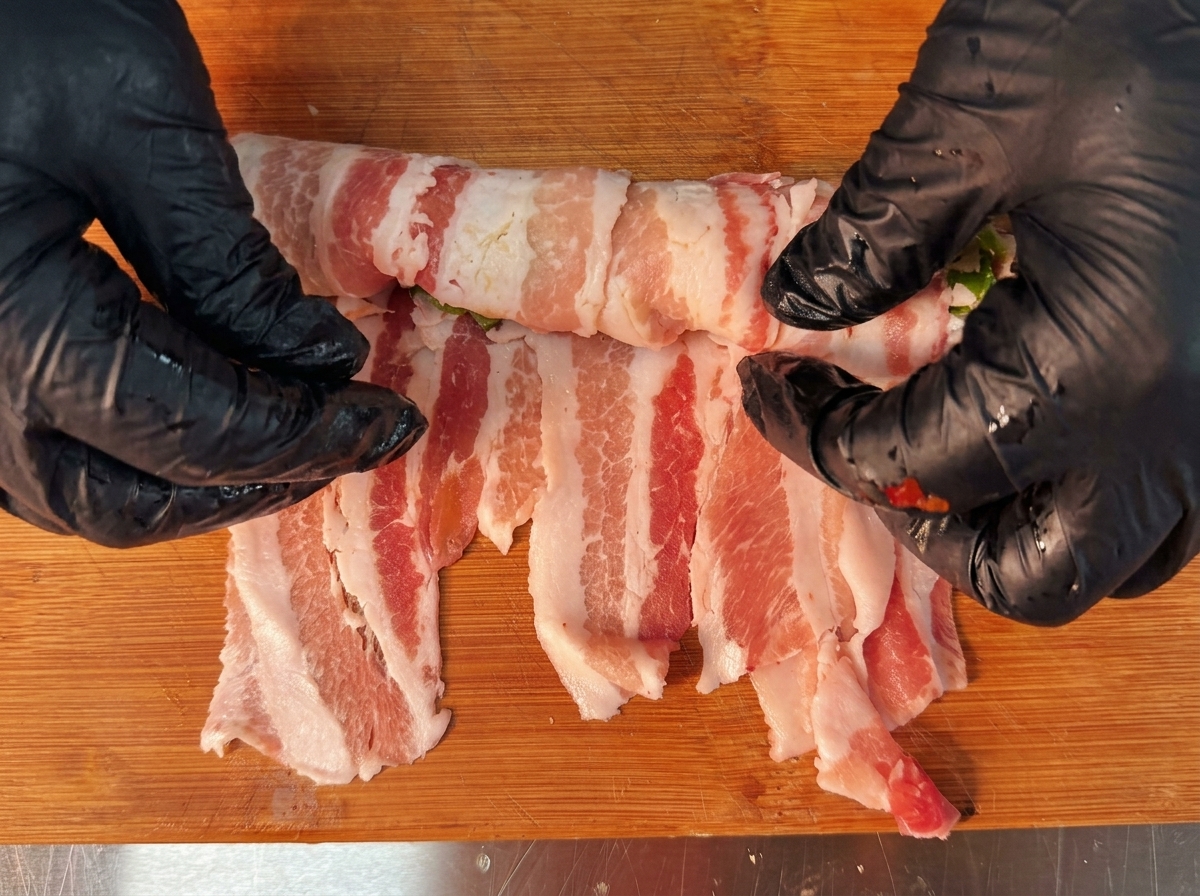 A close-up of hands in black gloves tightly rolling thin slices of pork belly around a colorful filling of carrots, onions, and kimchi on a wooden cutting board.