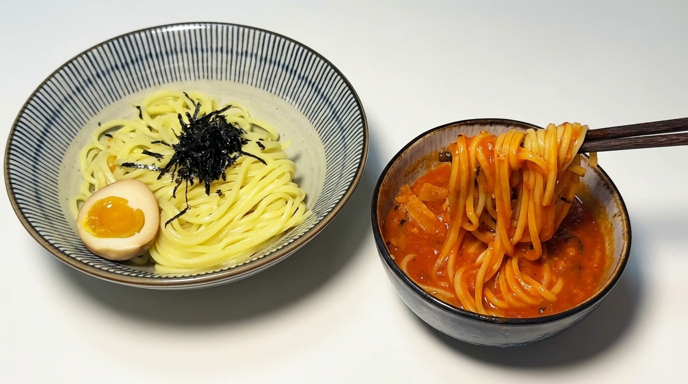 Yellow ramen noodles served with a soft-boiled egg and nori, accompanied by a rich tomato shrimp dipping sauce.