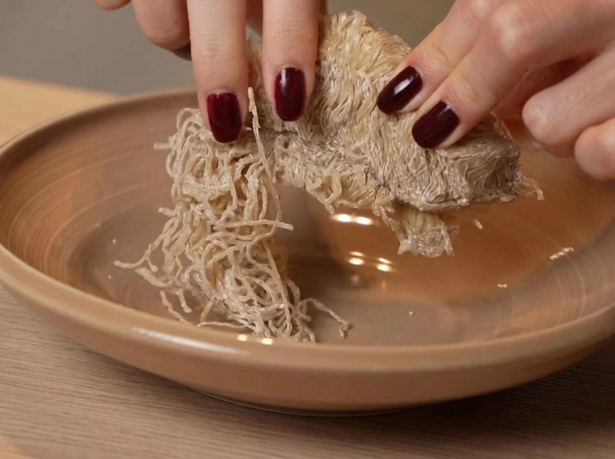 Close-up of hands separating fresh bamboo-pressed noodles on a plate.