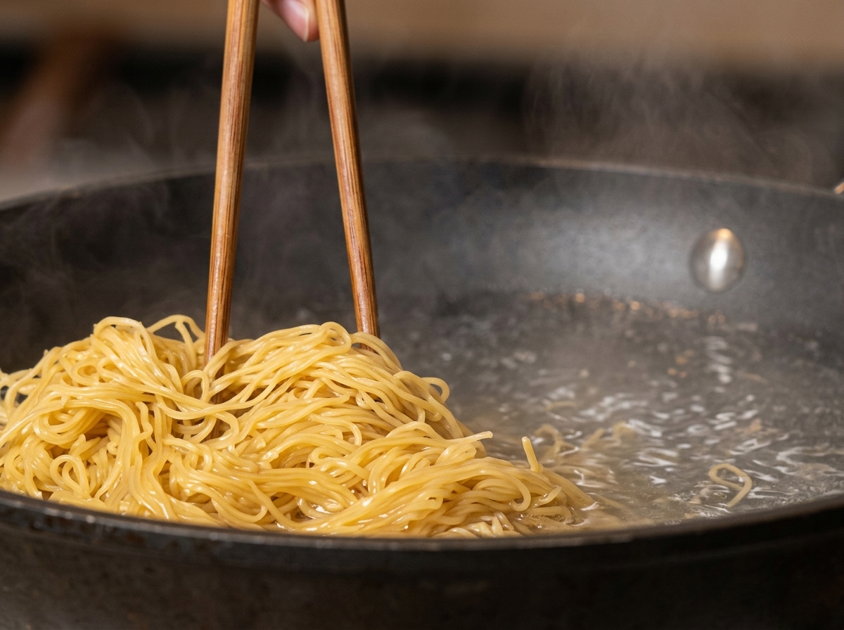 Chopsticks stirring noodles in boiling water.