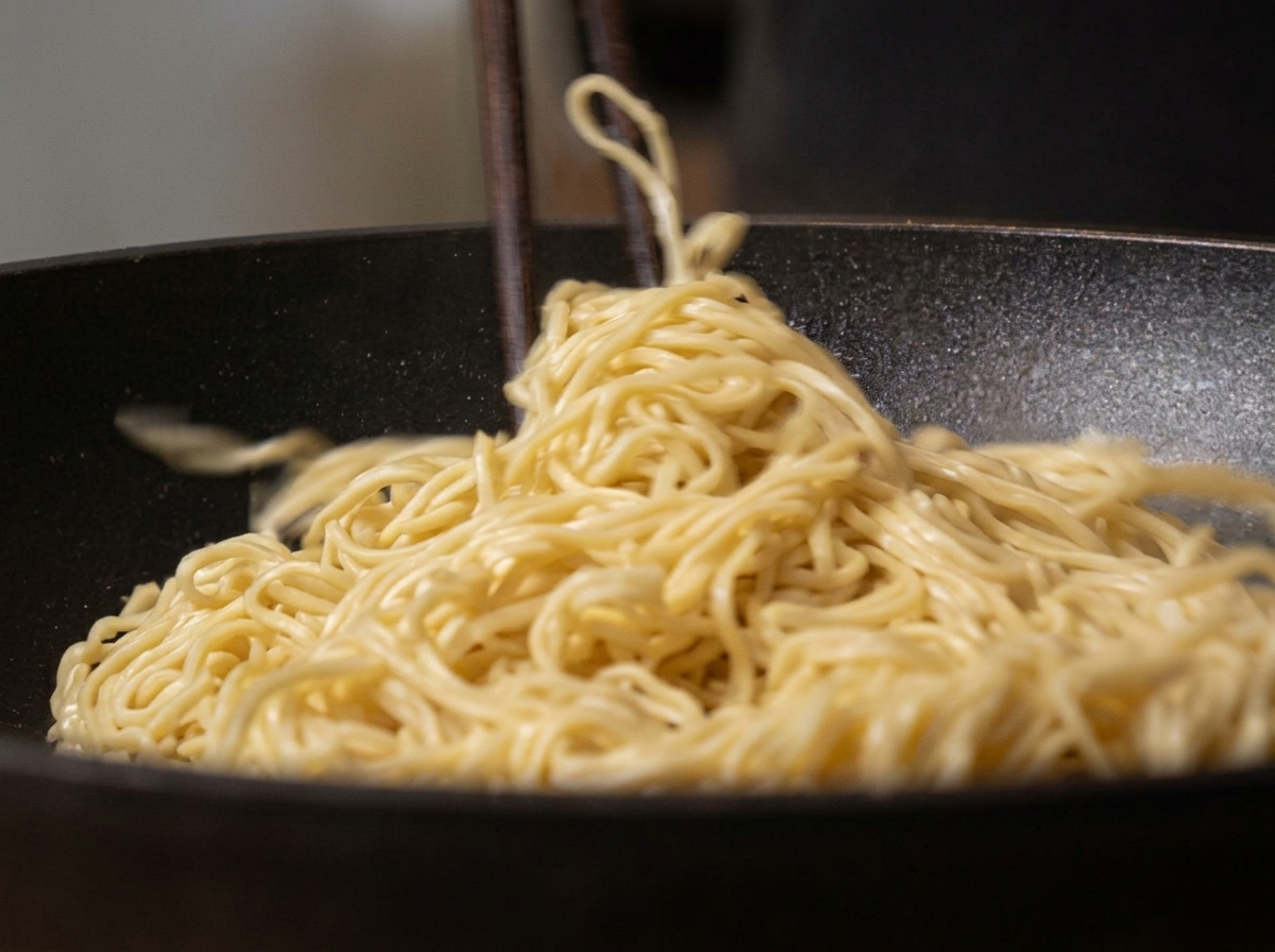Drained noodles being tossed in a pan with warm oil.
