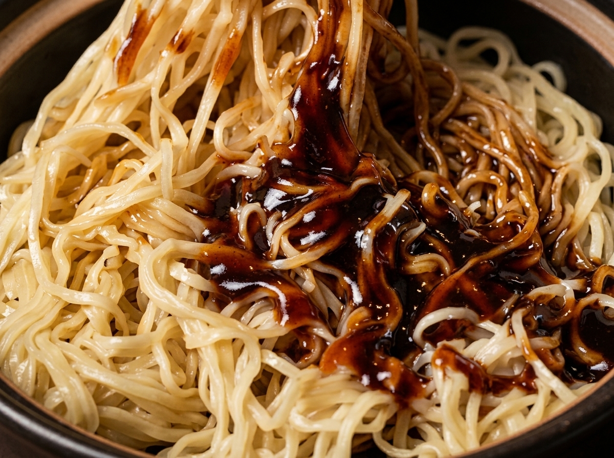 Noodles being tossed with dark sauce in a pan using chopsticks.