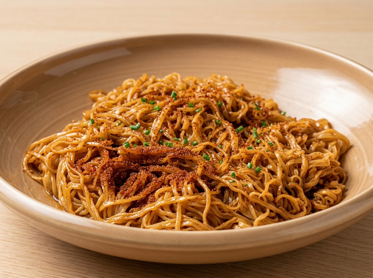 Shrimp roe being sprinkled over a bowl of prepared noodles.