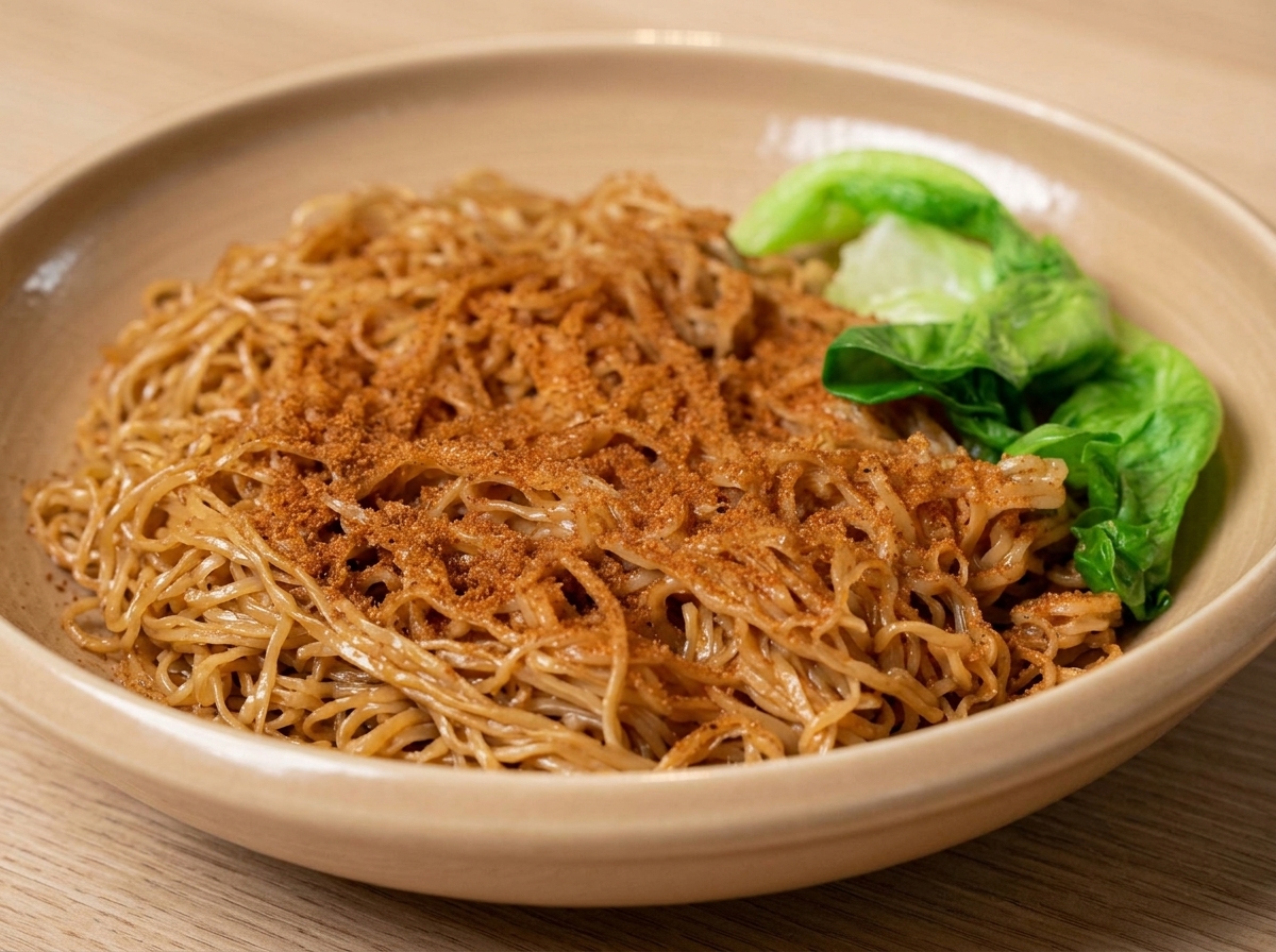 A bowl of shrimp roe noodles garnished with fresh blanched lettuce.