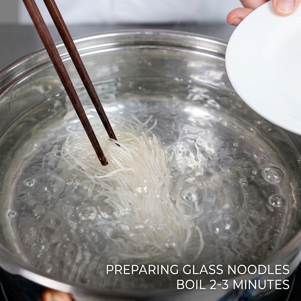 Raw wheat noodles being carefully submerged into boiling water with wooden chopsticks.