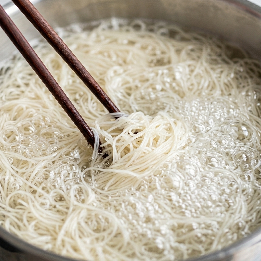 Wheat noodles boiling in a pot of hot water, showing signs of becoming soft and cooked.
