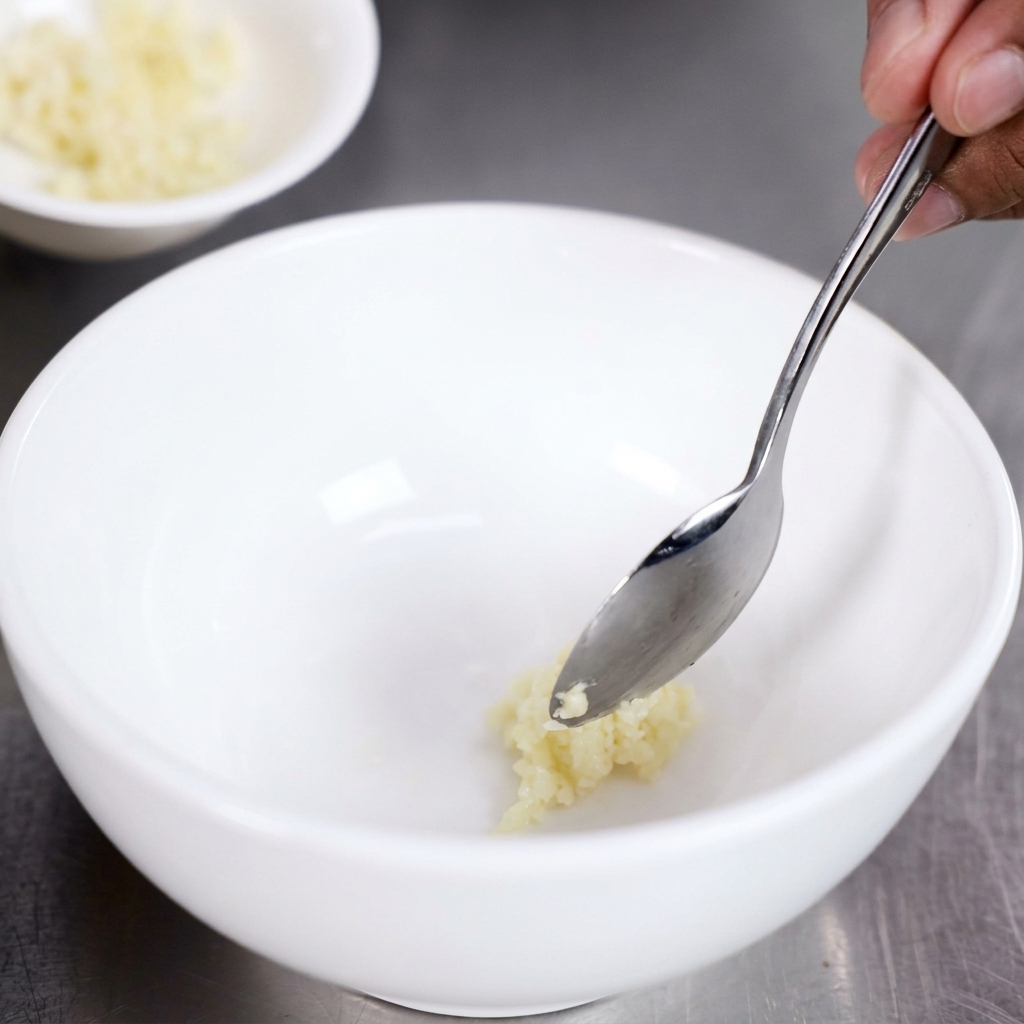 Dark soy sauce being spooned into a white bowl already containing freshly minced garlic.