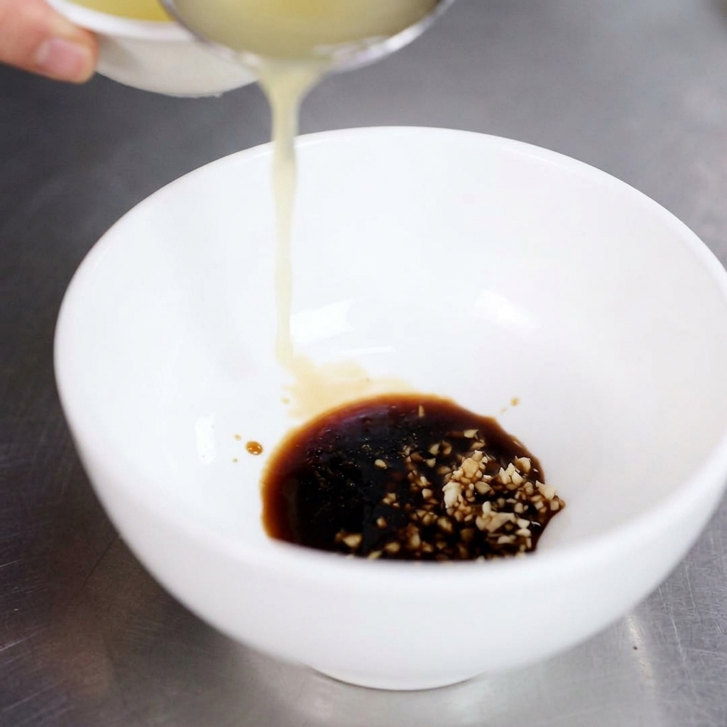 Melted lard being poured from a ladle into a bowl of soy sauce, scallions, and garlic.