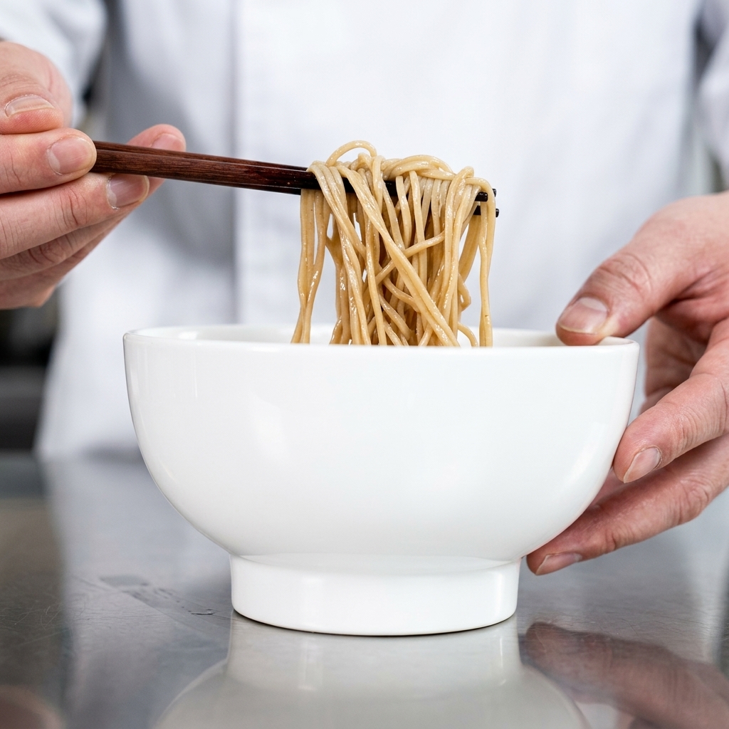 A bowl of noodles being thoroughly mixed with chopsticks until coated in dark sauce.
