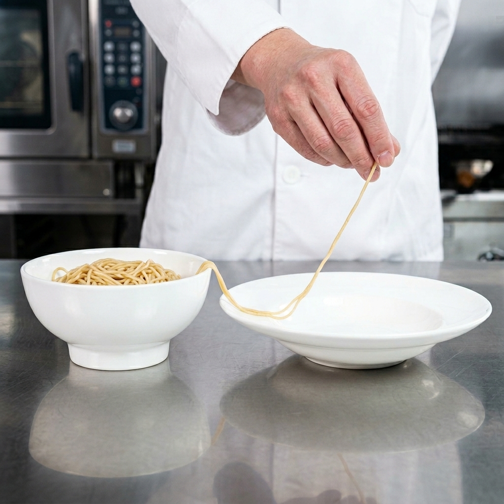 A close-up of noodles being carefully placed and shaped into a centered mound on a white plate.