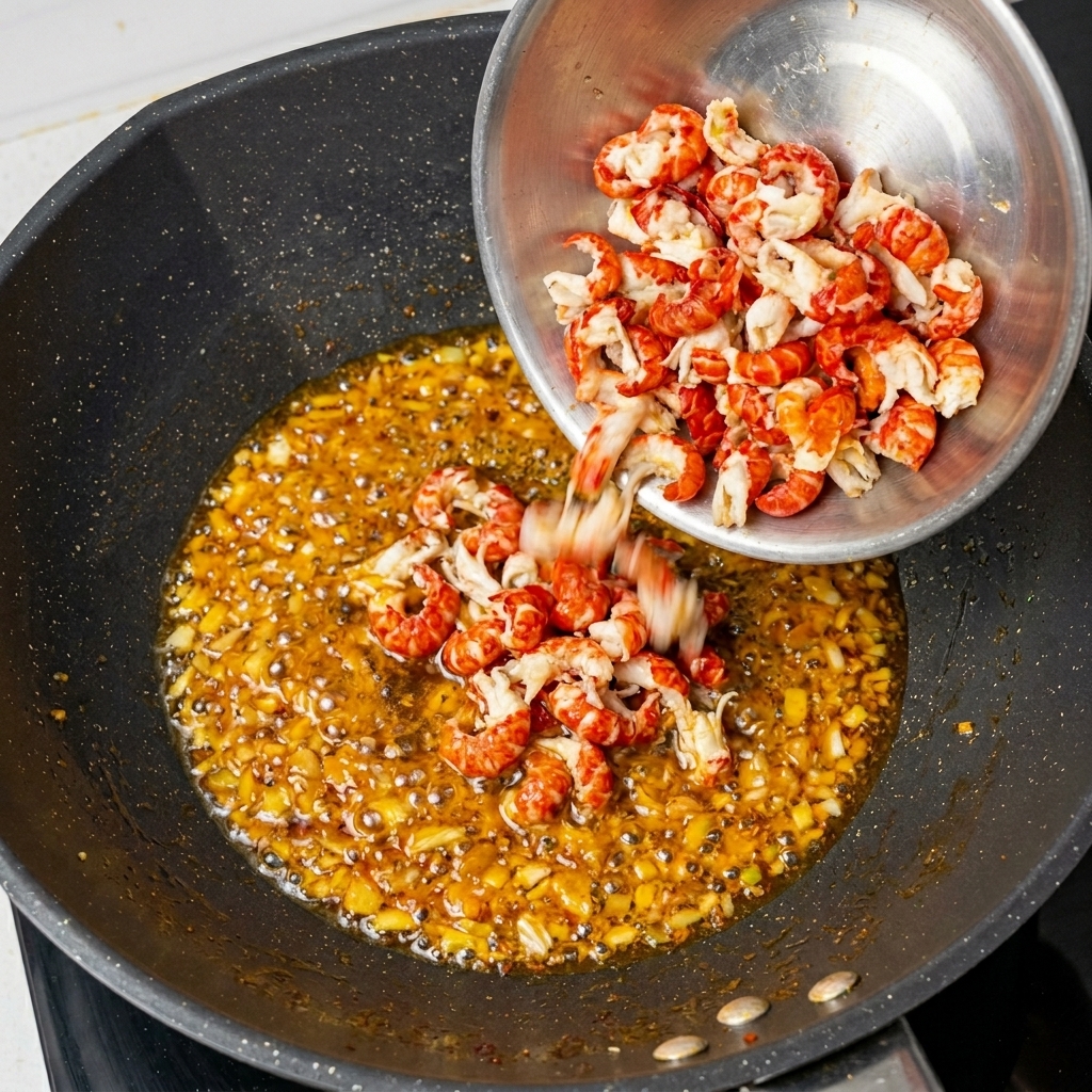 Blanched crawfish tails being tossed in the wok with the spicy, red oil base.