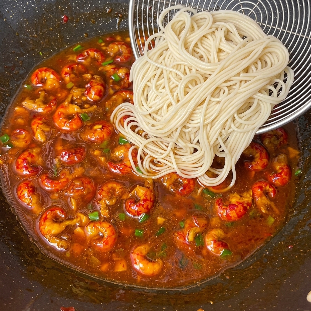Pre-cooked noodles being mixed into the wok with the thickened crawfish sauce, ensuring even coating.