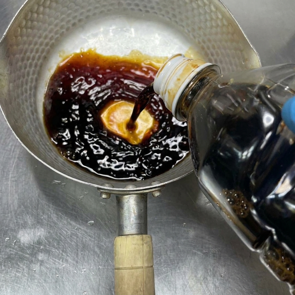 Dark soy sauce, cooking sake, and mirin being mixed in a small metal pot.