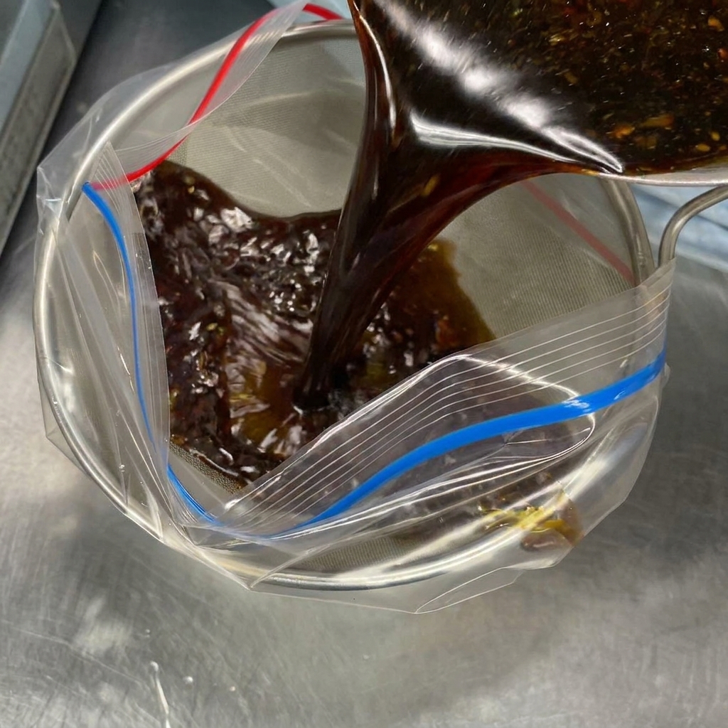 The soy sauce mixture being poured through a fine-mesh strainer into a bag.