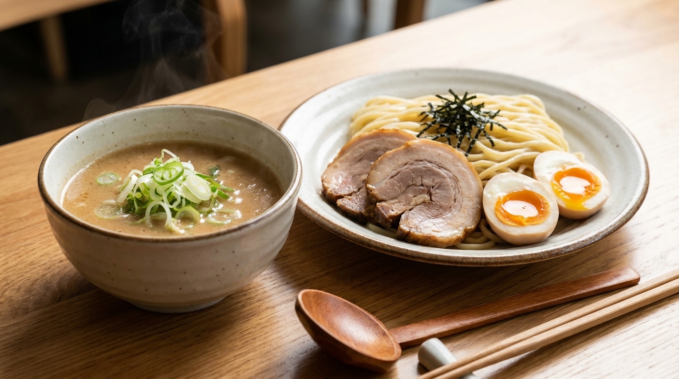 A bowl of rich, creamy Tsukemen dipping broth served with cold ramen noodles, soft-boiled eggs, and tender chashu pork.