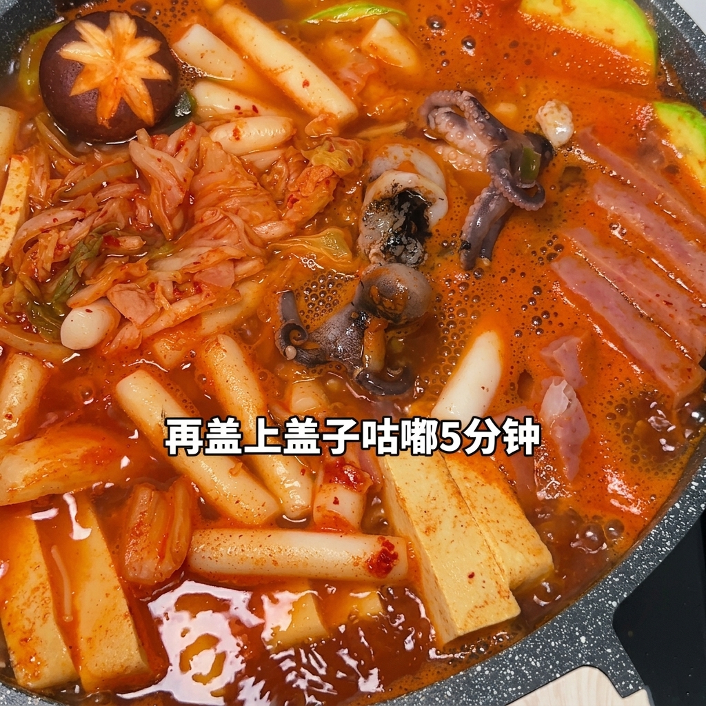 A bubbling pot of Korean army stew with instant noodles cooking in the center, topped with a melting slice of cheese.