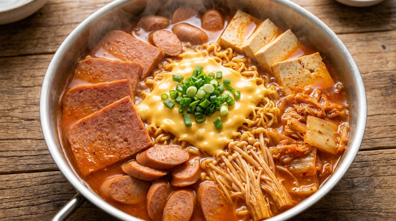 A bubbling, comforting bowl of Korean Army Stew, rich with spicy broth, savory meats, and melting cheese.
