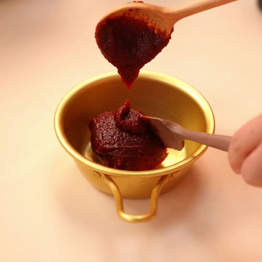 A wooden spoon dropping thick red Korean chili paste into a small golden bowl.