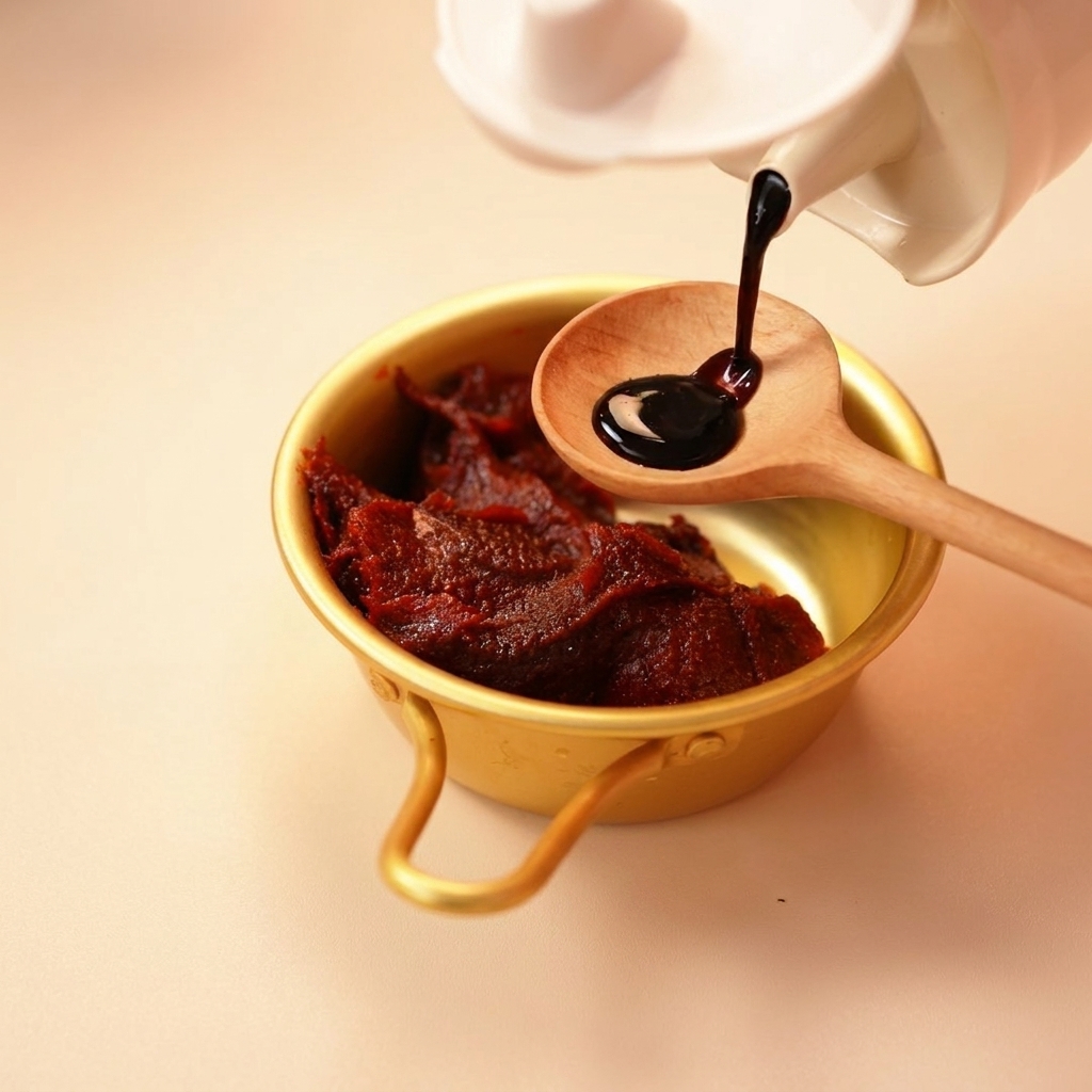 Dark soy sauce being poured from a bottle onto a wooden spoon hovering over a golden bowl filled with red chili paste.
